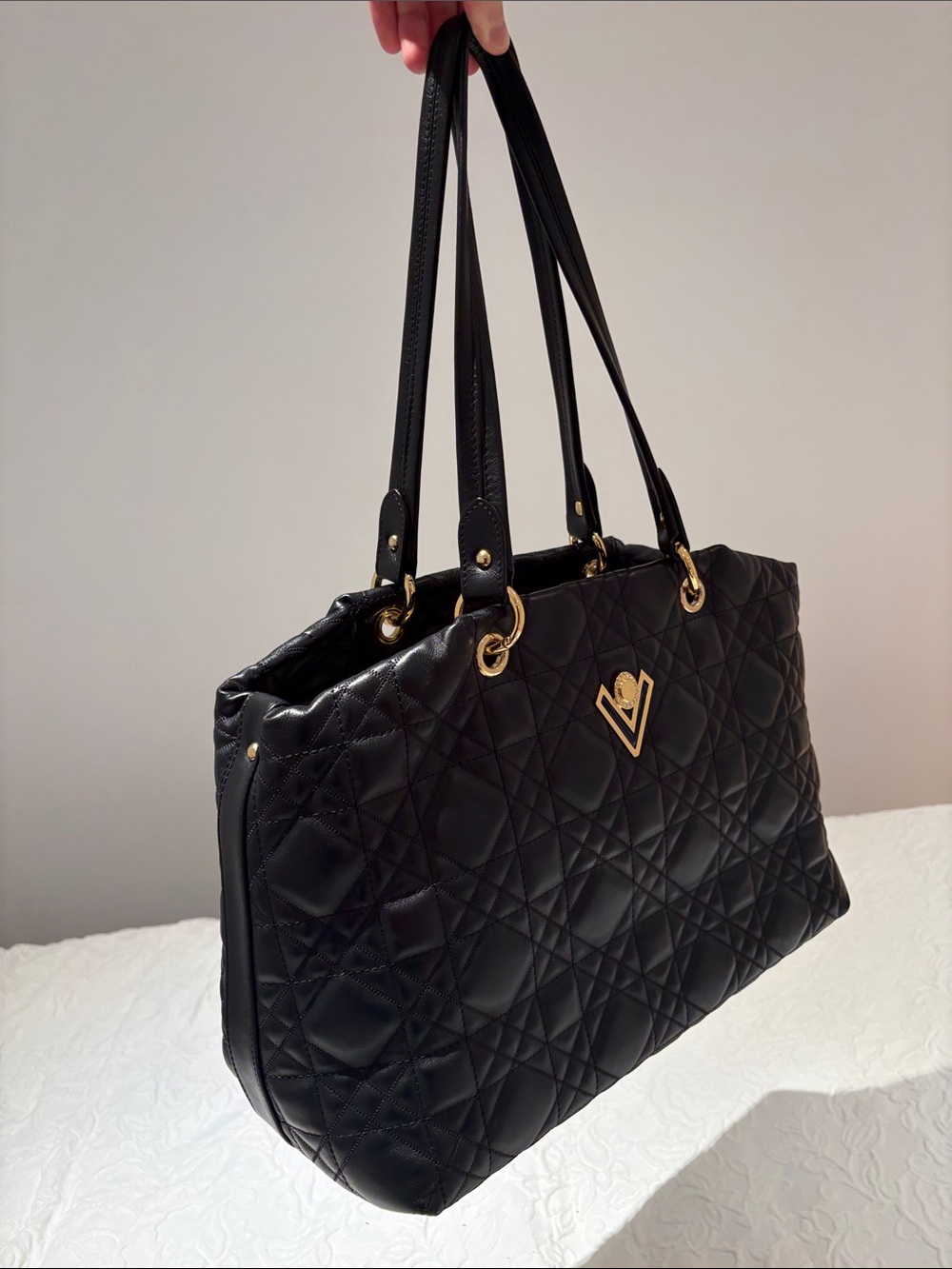 Valentino Orlandi Black Quilted Shoulder Bag with Gold Hardware